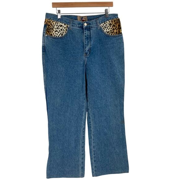 VTG Don’t Mess With Texas Leopard Blue Jean Western Mom Jeans Women’s Size 14 - Picture 1 of 11